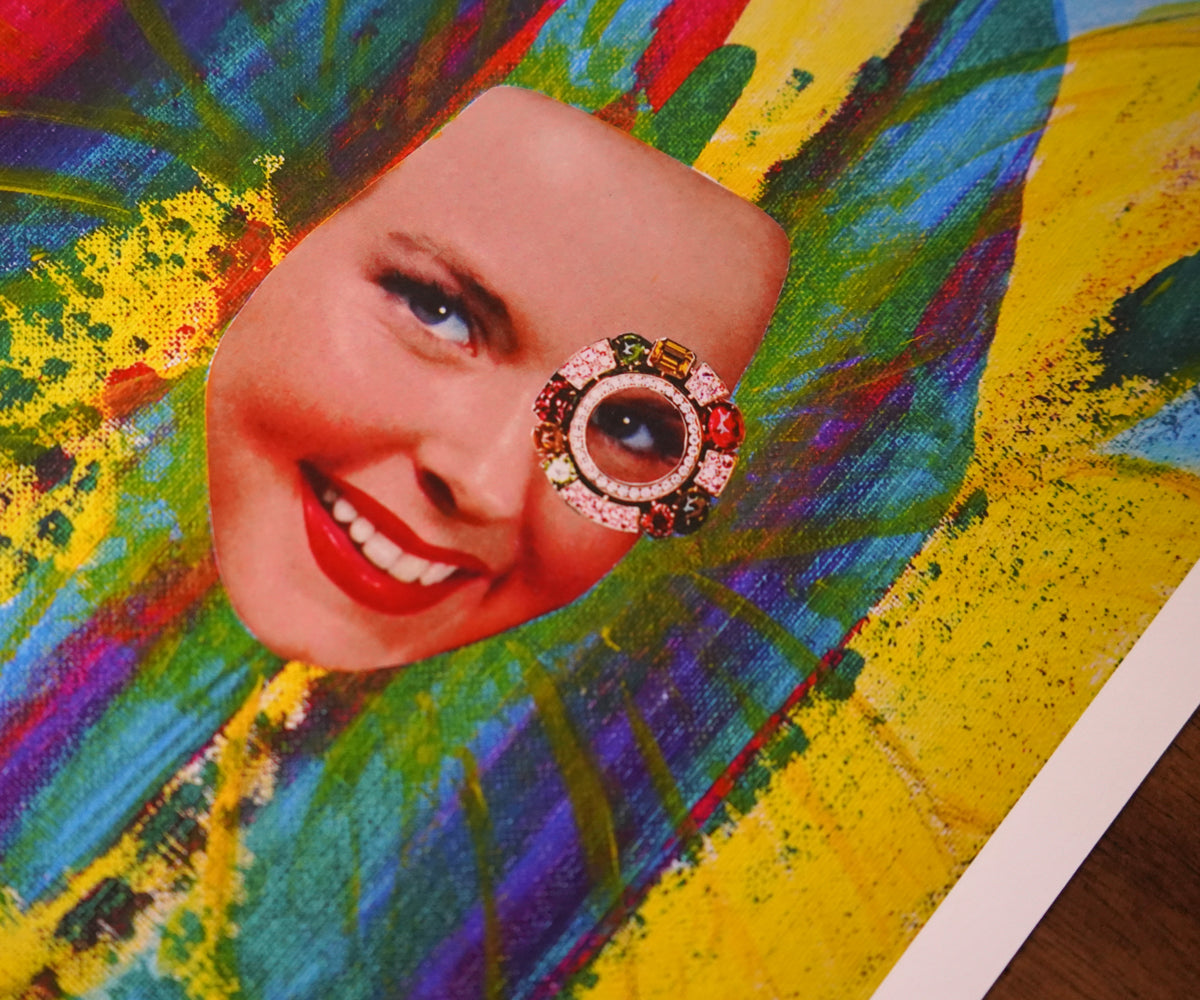 Colorful abstract art with a face and decorative eye piece.