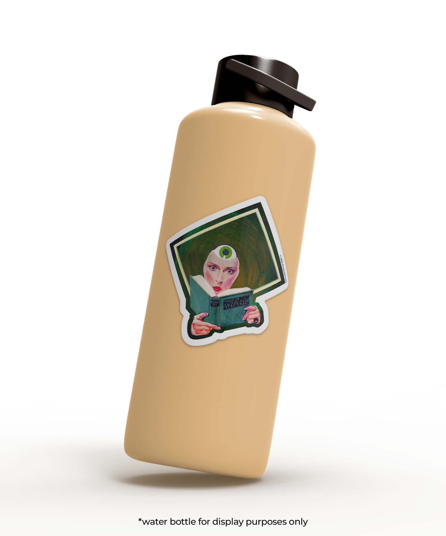 Beige water bottle with a sticker of a person holding a book on a white background