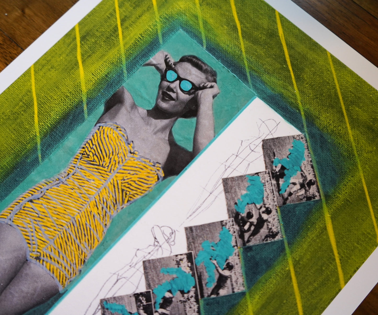 Artistic depiction of a person in a yellow patterned garment with geometric shapes and lines.