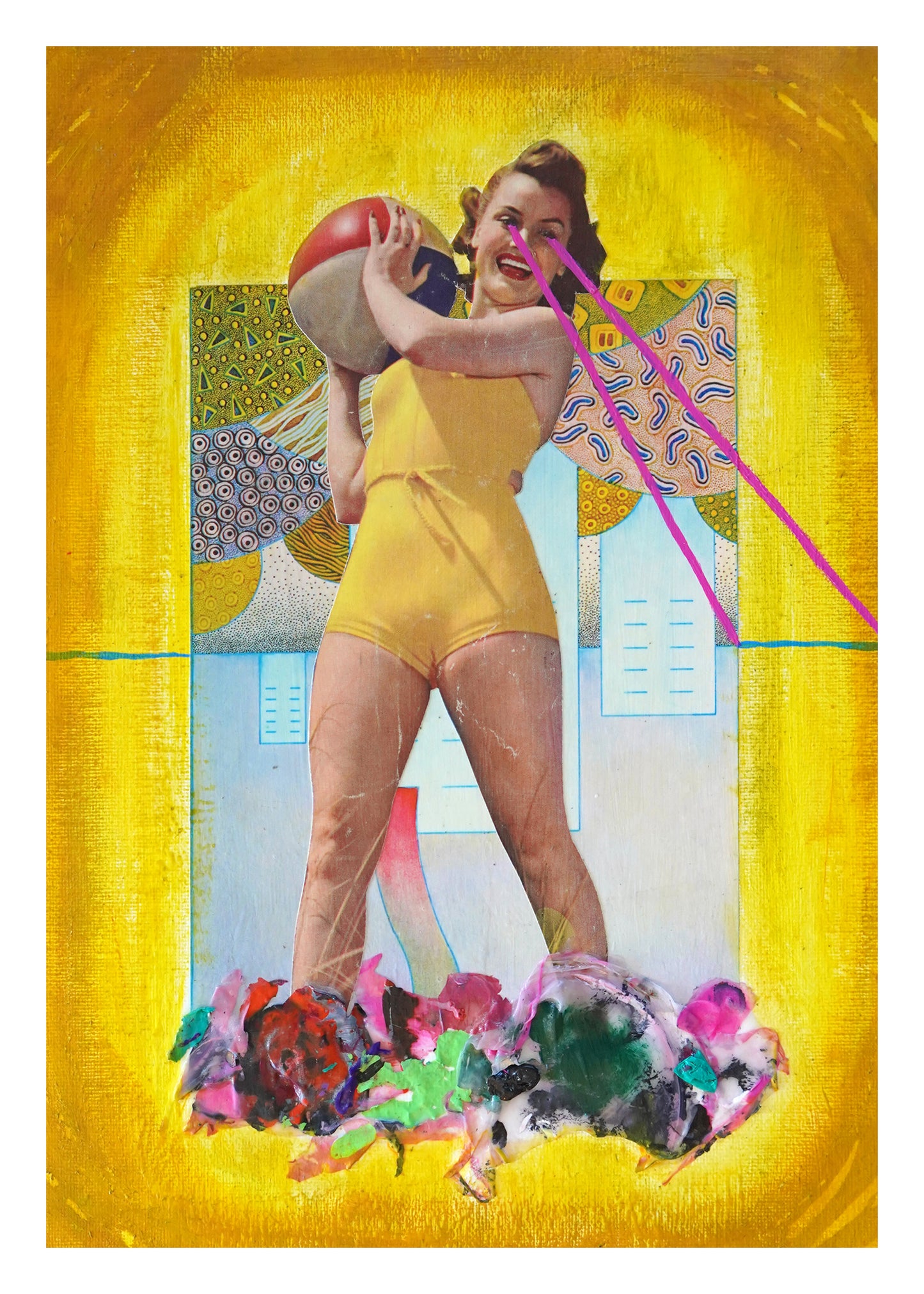 Collage of a woman in a yellow swimsuit holding a ball against a yellow background with abstract elements.
