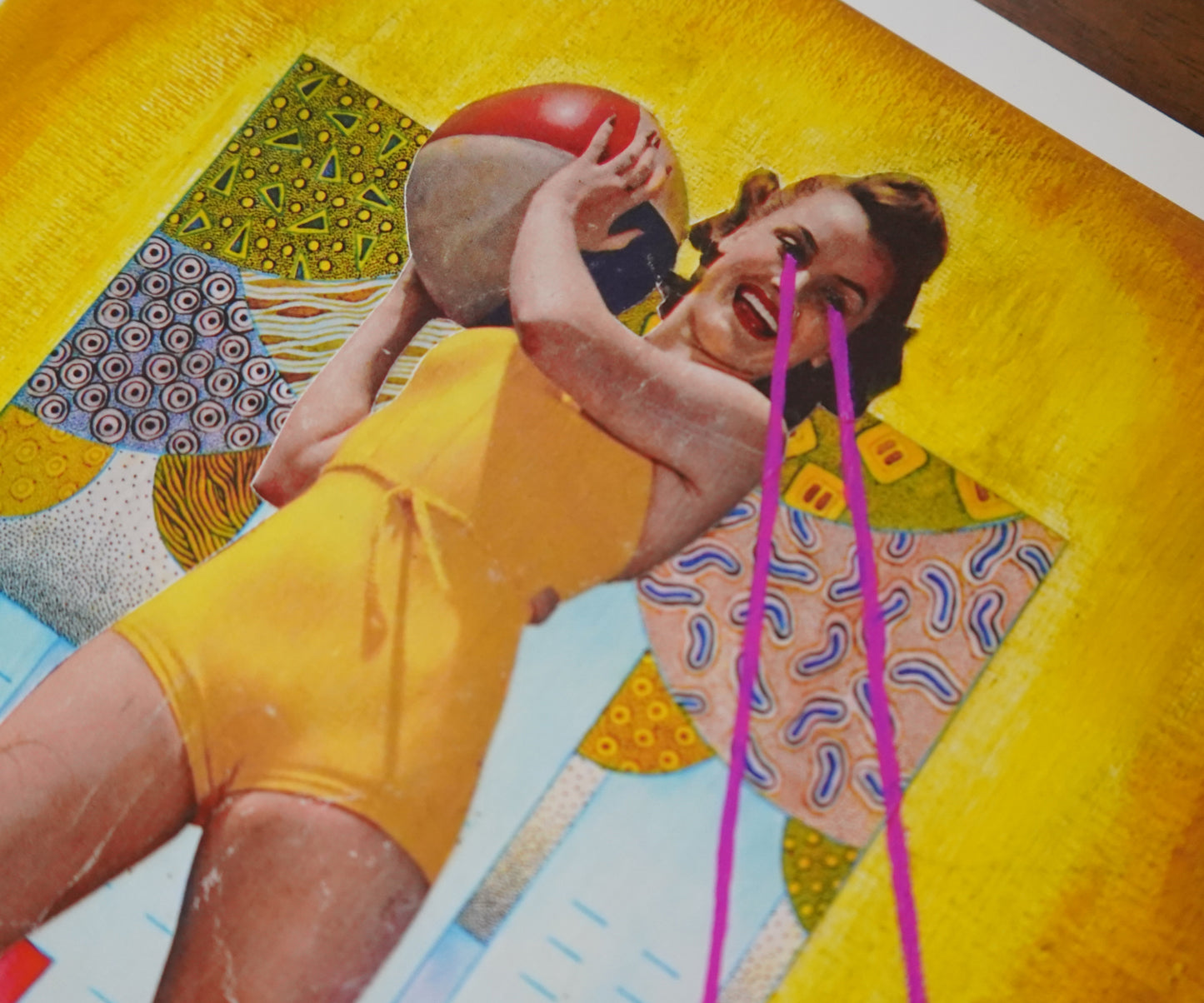 Collage of a woman in a swimsuit holding a beach ball with abstract patterns and bright colors