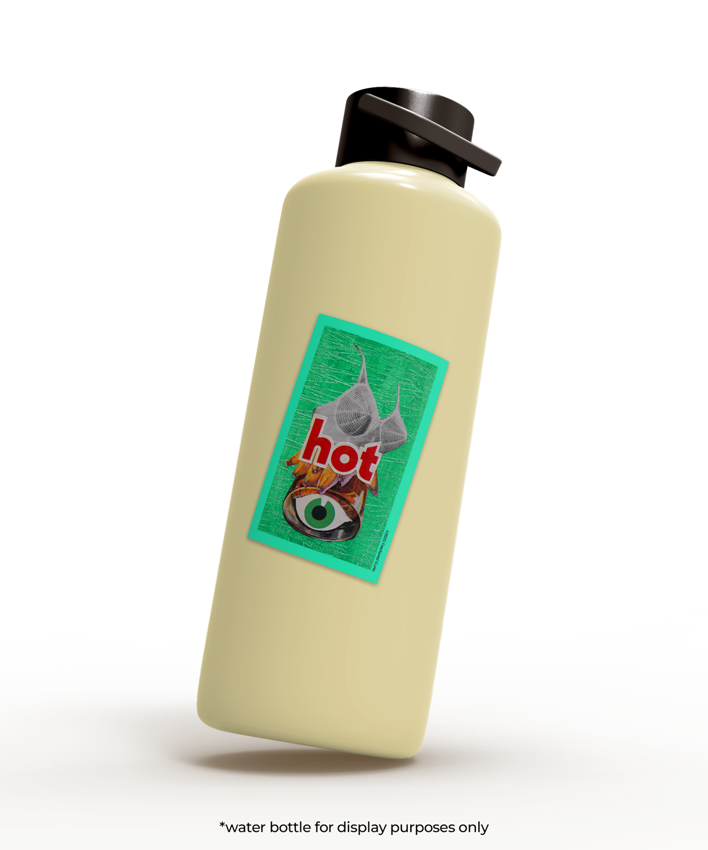 Beige water bottle with a green label featuring a cartoon character and the word 'hot' on a white background.