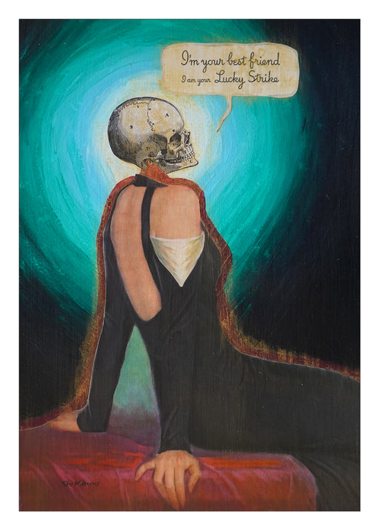 Artistic depiction of a person with a skull head, wearing a black dress, against a teal background.