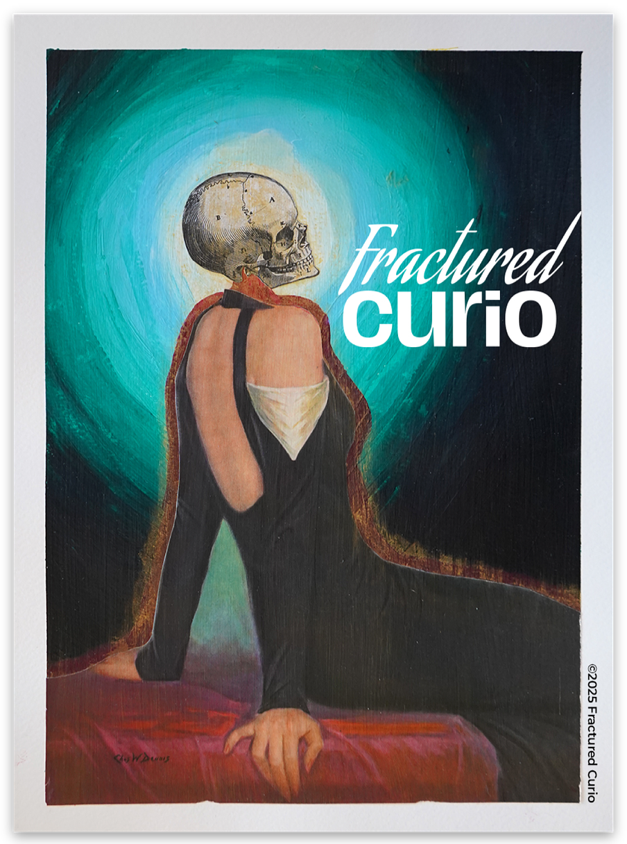 Artistic depiction of a person with a skull head, wearing a dark dress, against a swirling blue and black background. The text 'Fractured Curio' is prominently displayed.