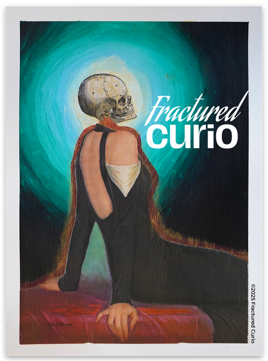 Artistic depiction of a person with a skull head, wearing a dark dress, against a swirling blue and black background. The text 'Fractured Curio' is prominently displayed.