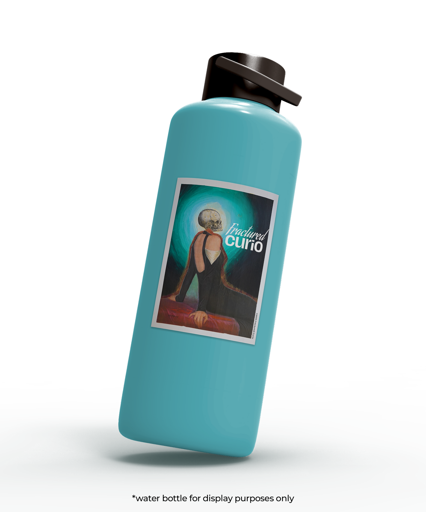 Turquoise water bottle with a label featuring a woman with a skull head in a black dress on a glowing background