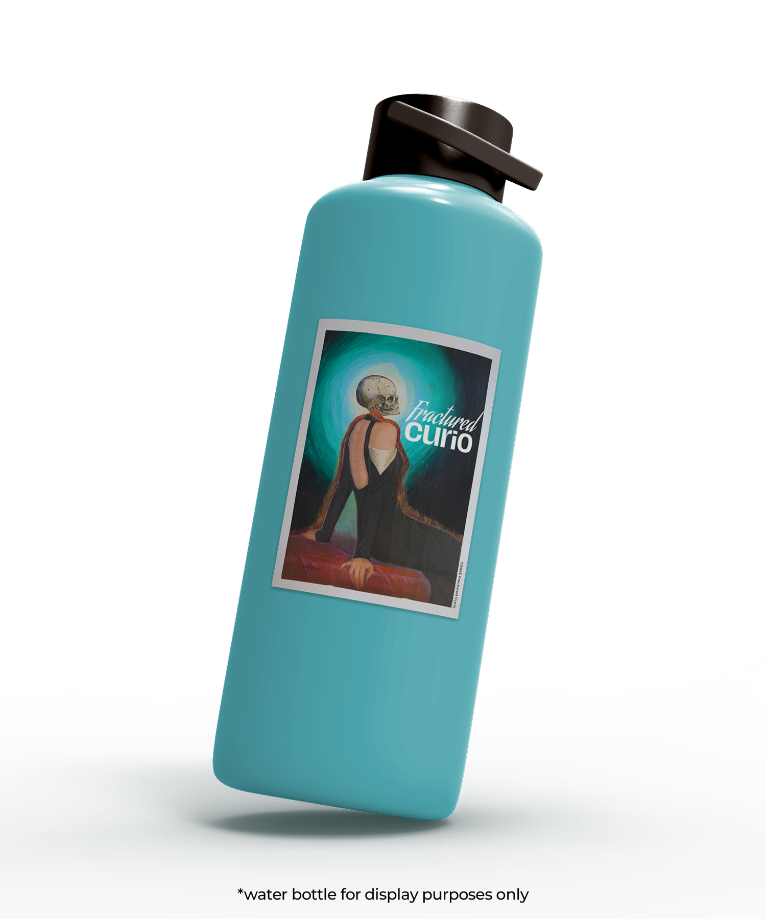 Turquoise water bottle with a label featuring a woman with a skull head in a black dress on a glowing background