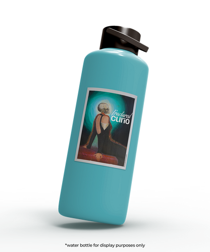 Turquoise water bottle with a label featuring a woman with a skull head in a black dress on a glowing background
