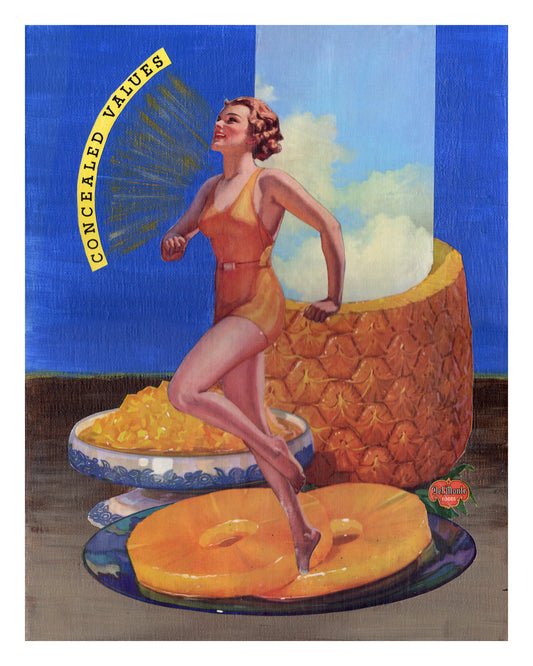 Collage using vintage elements with a woman in a swimsuit standing on a pineapple, set against a blue sky.
