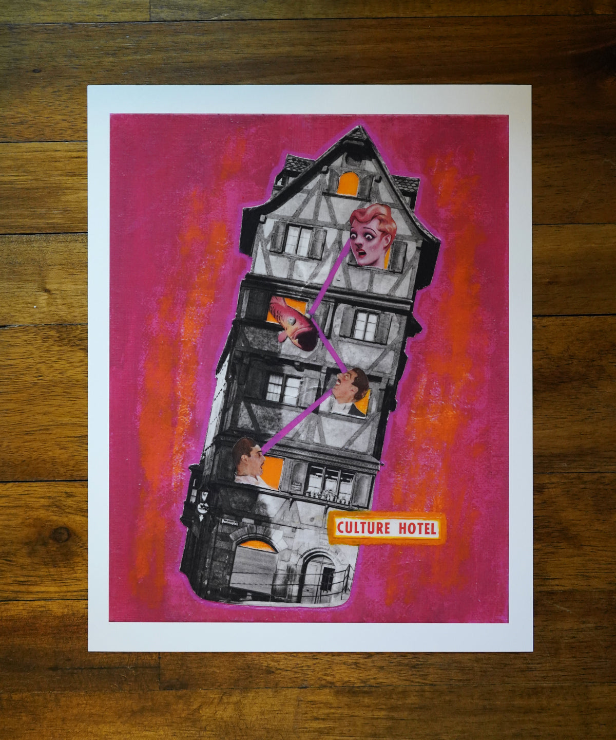 Art print of a building labeled 'Culture Hotel' on a pink background