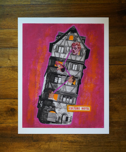Art print of a building labeled 'Culture Hotel' on a pink background