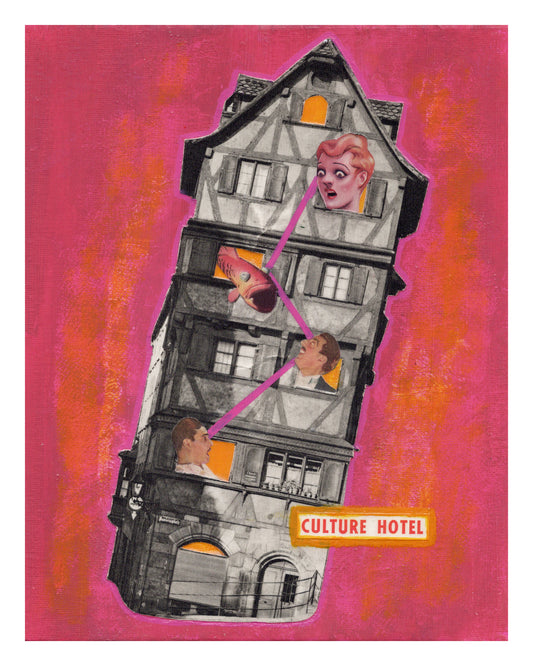 Art print of a building labeled 'Culture Hotel' on a pink background