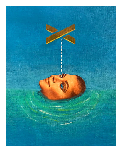 Artistic depiction of a head emerging from water with a gold X above it on a blue background