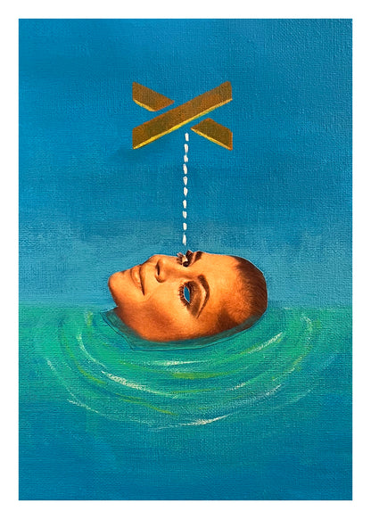 Illustration of a head emerging from water with a gold 'X' above it on a blue background