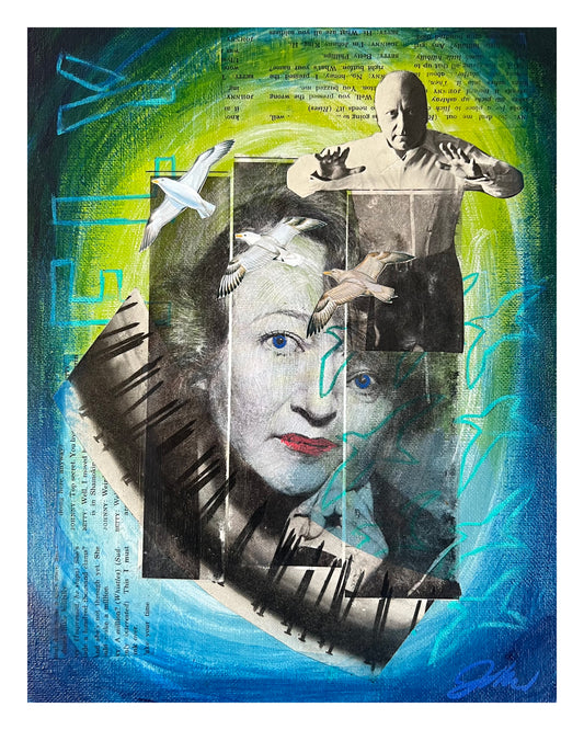 Collage art with a woman's face, a man and birds against a blue and green background.