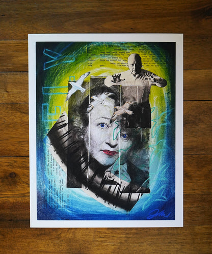 Collage of a woman's face, man, and birds on a textured background