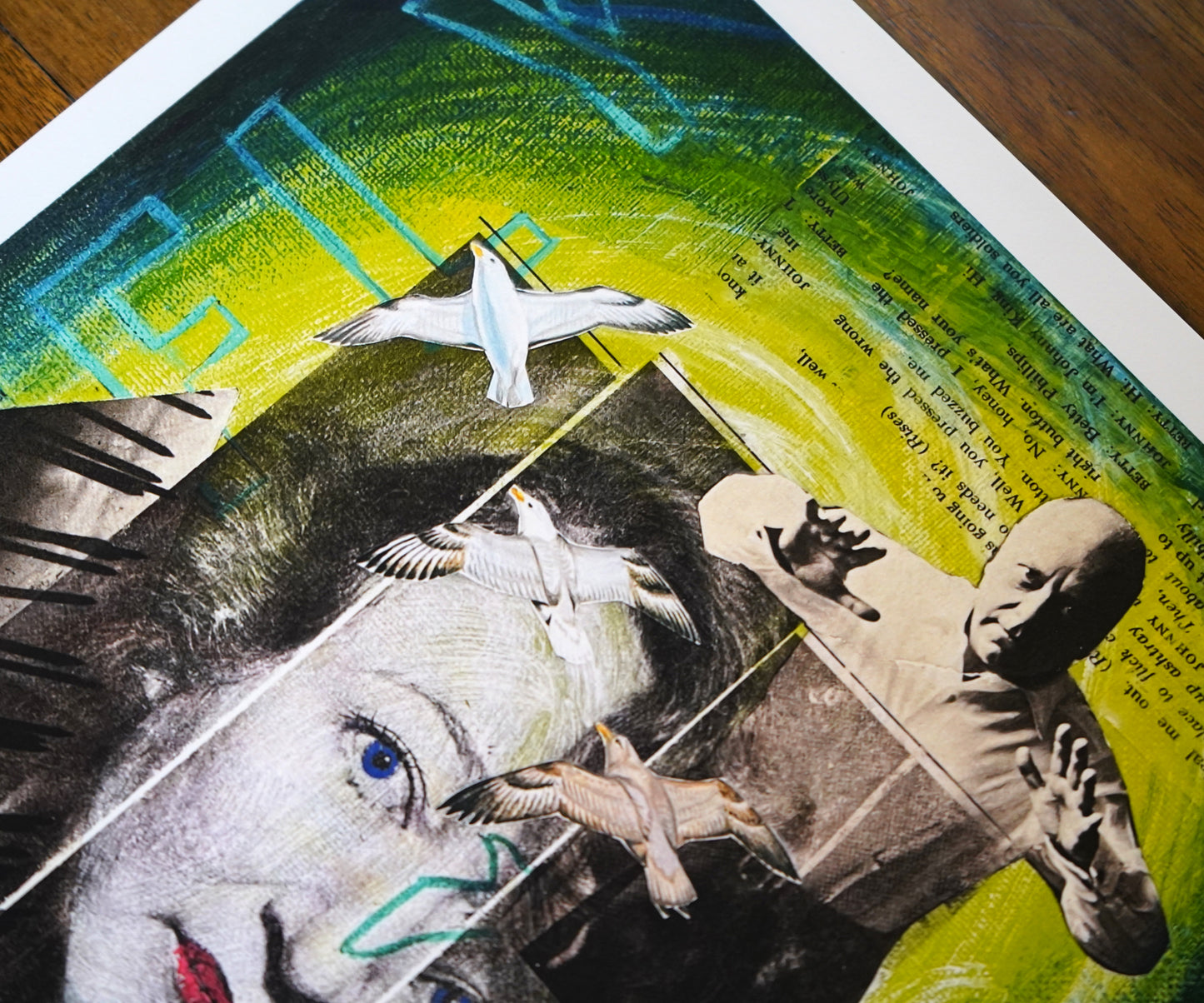 Collage art with a woman's face, birds, and text on a green background