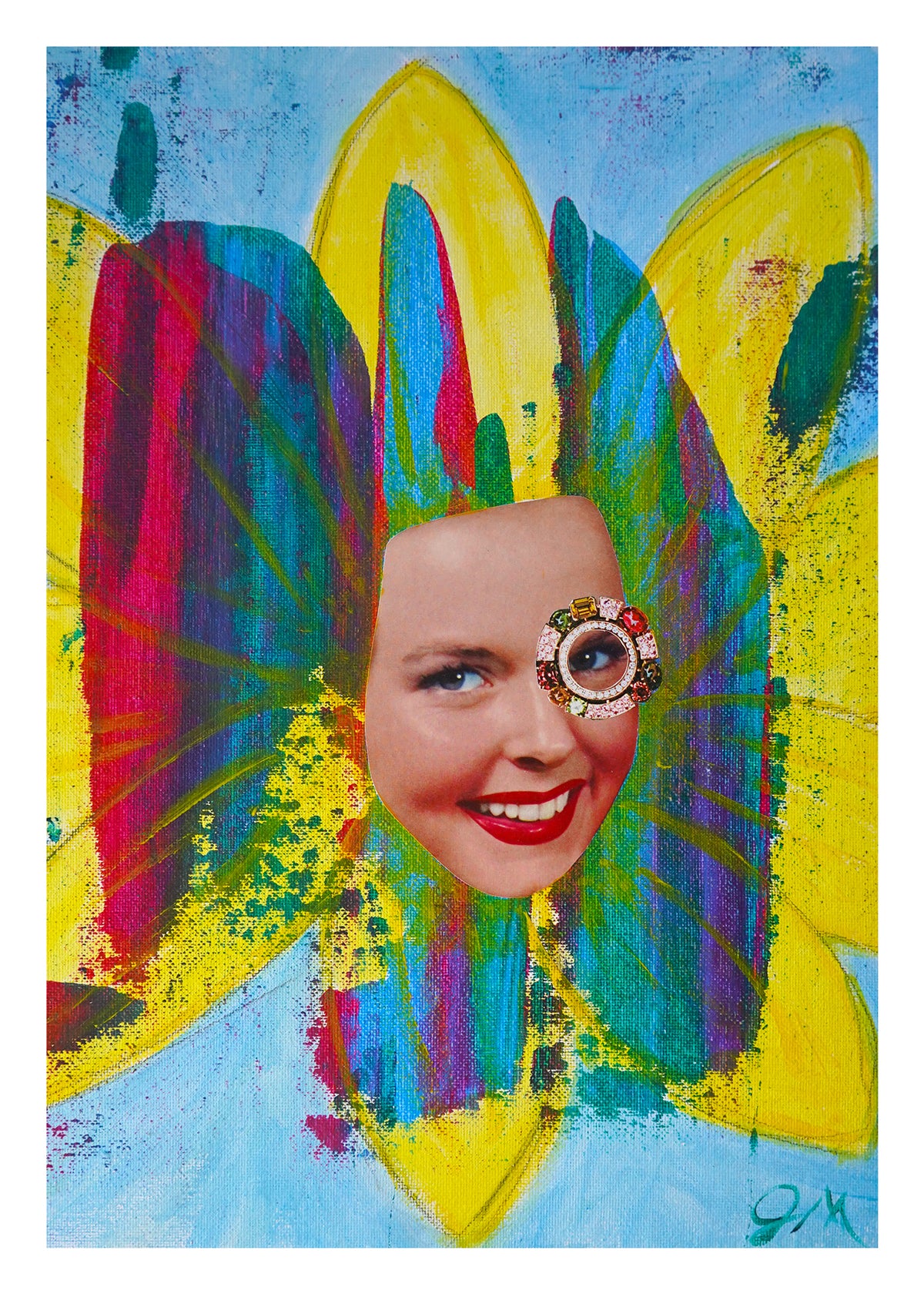 Artistic depiction of a face with colorful abstract flower petals