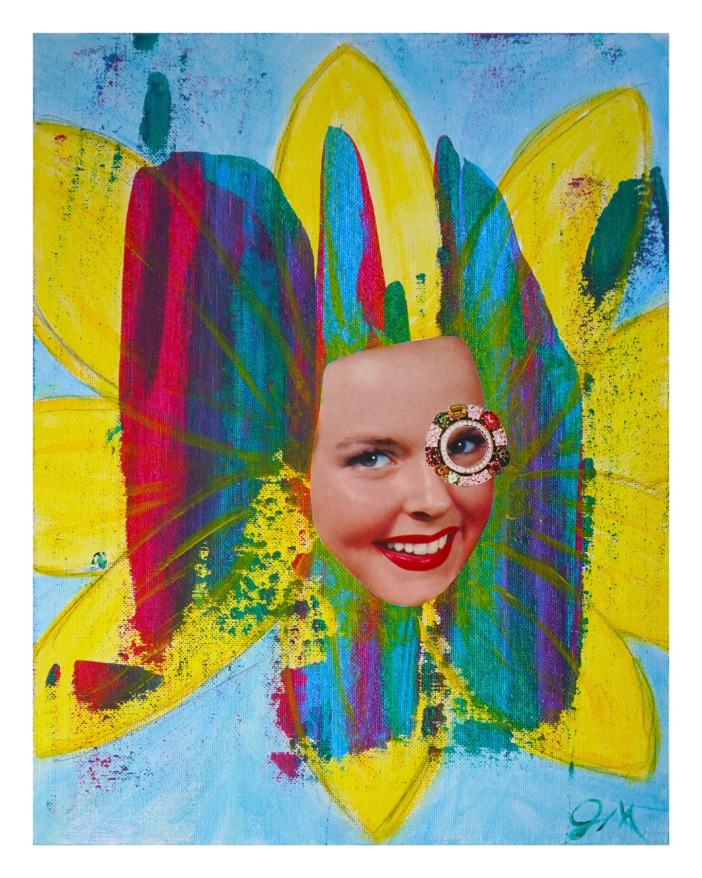 Colorful abstract painting with a face superimposed on a floral design.