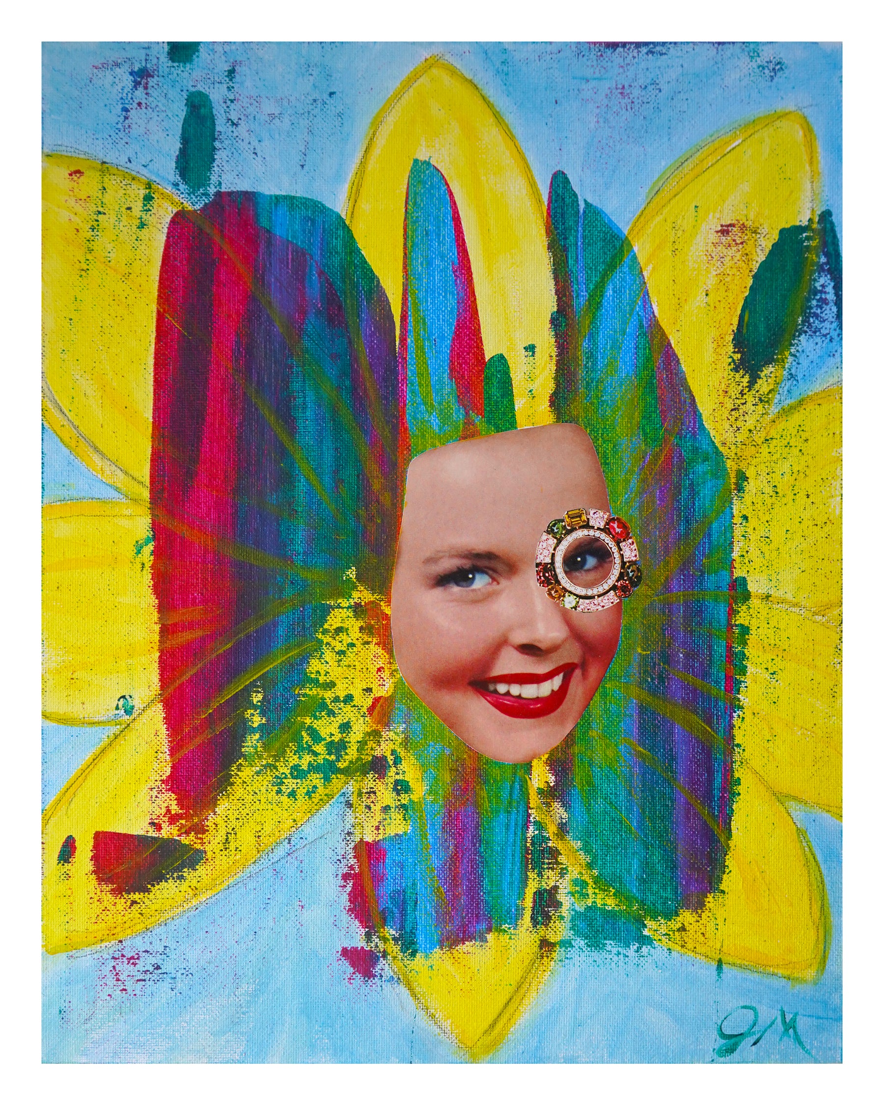 Colorful abstract painting with a face superimposed on a floral design.