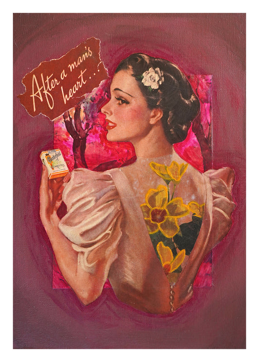 Vintage portrait of a woman holding cigarettes with flower tattoo on her back, surrounded by pink and with text 'After a man's heart'.