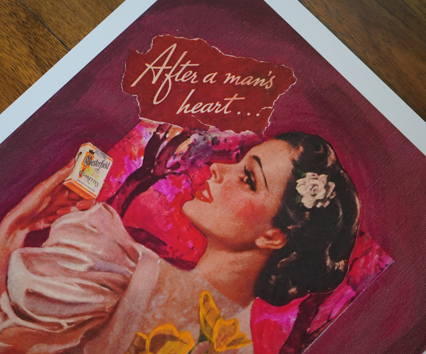 Vintage-style illustration of a woman with text 'After a man's heart' on a red background.