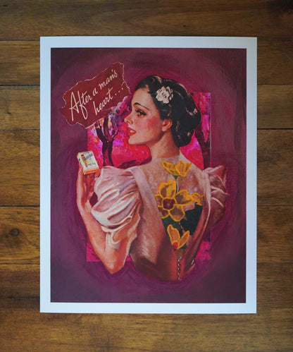 Vintage-style illustration of a woman holding a product with text 'After a man's heart' on a pink background.