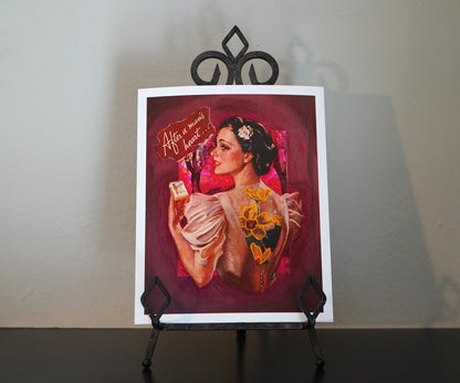 Vintage-style illustration of a woman holding a product with text 'After a man's heart' on a pink background.