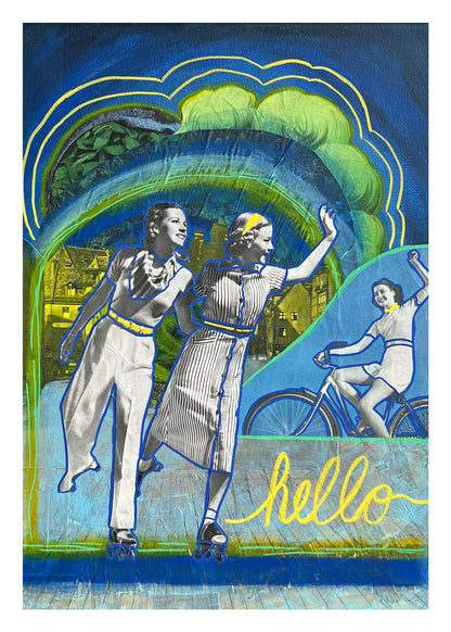 Artistic illustration of a two women on roller skates and a cyclist with a 'hello' text, set against a colorful abstract background.