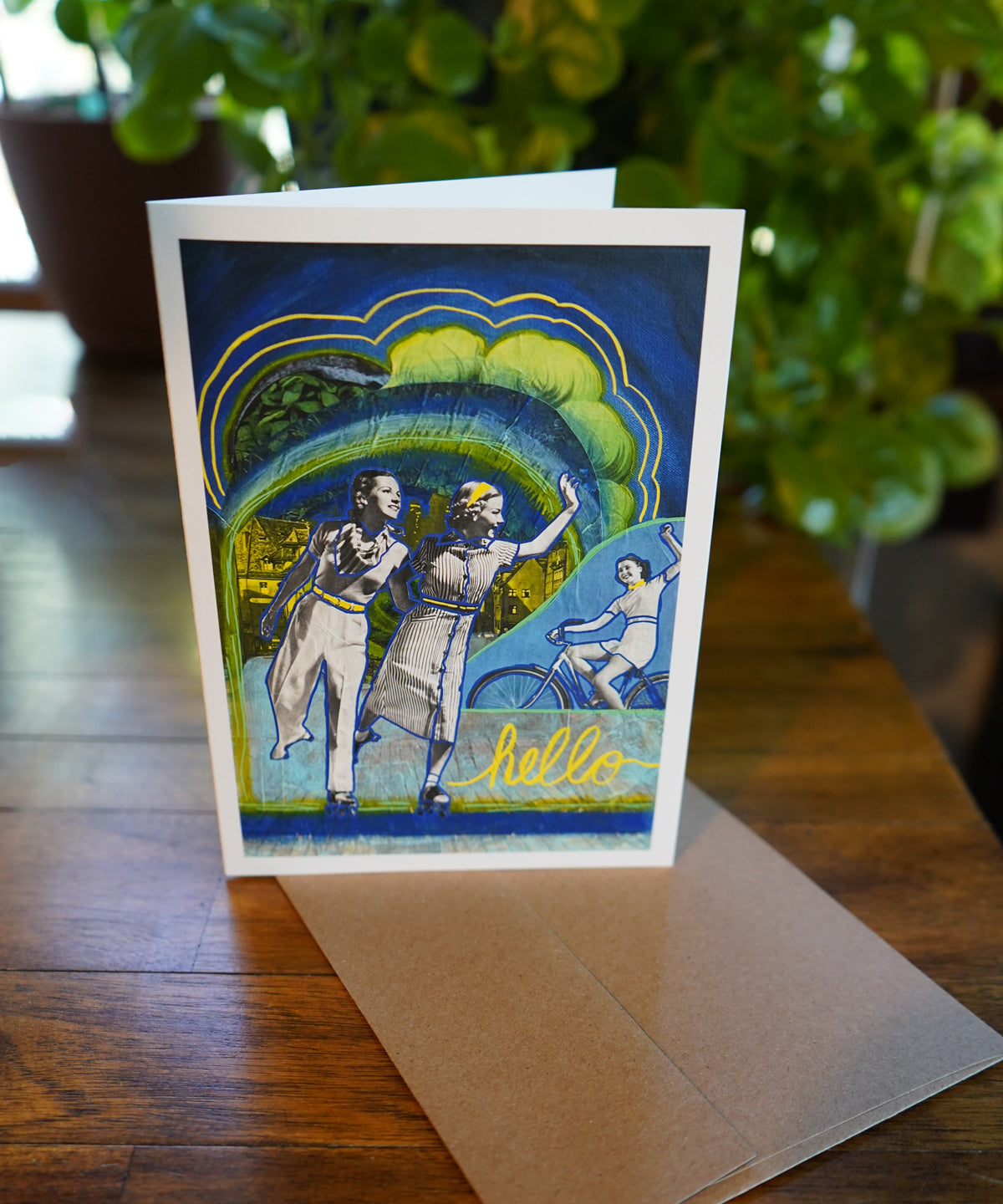 Greeting card with vintage-style illustration of people on a wooden surface with plants in the background