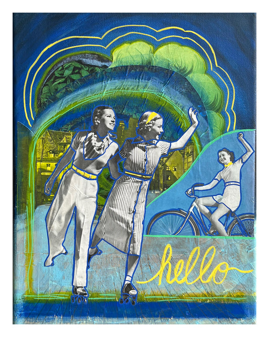 Vintage-style illustration with two people and a cyclist against a colorful background with 'hello' text.