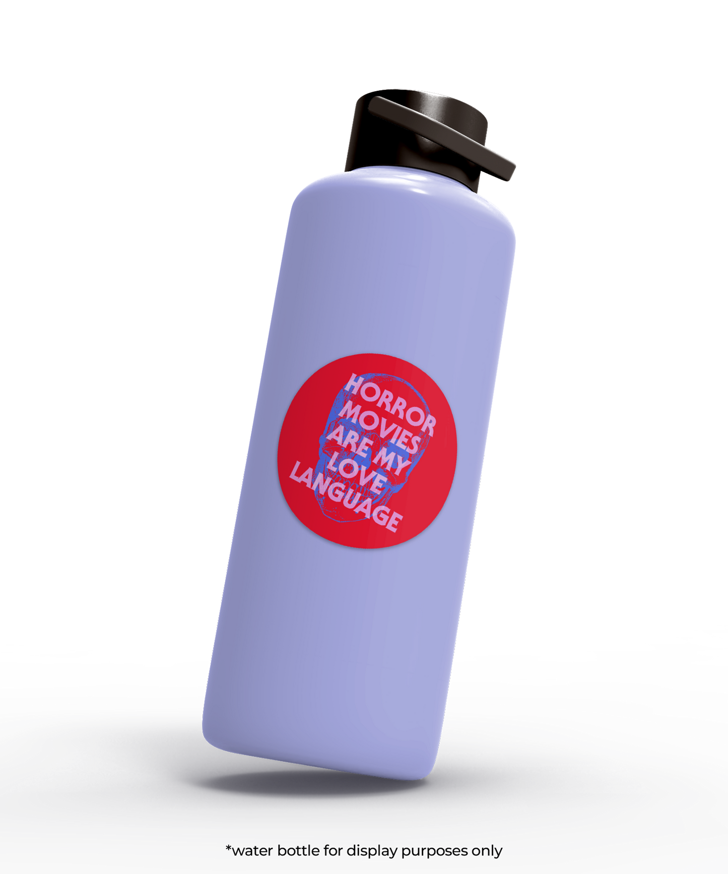 Purple water bottle with a red sticker on a white background