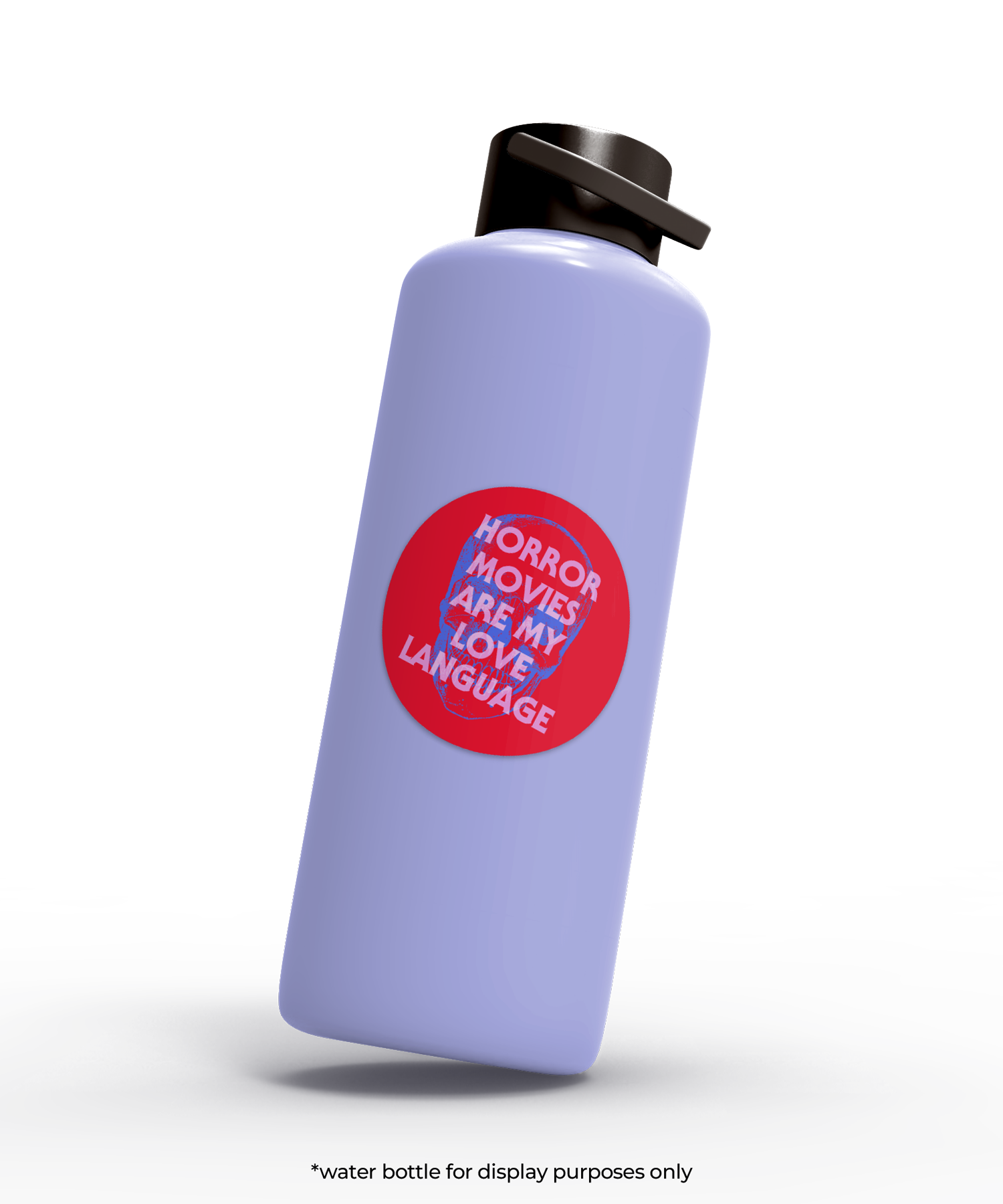 Purple water bottle with a red sticker on a white background