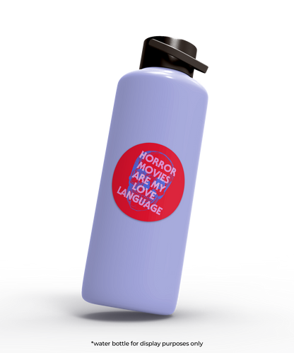 Purple water bottle with a red sticker on a white background
