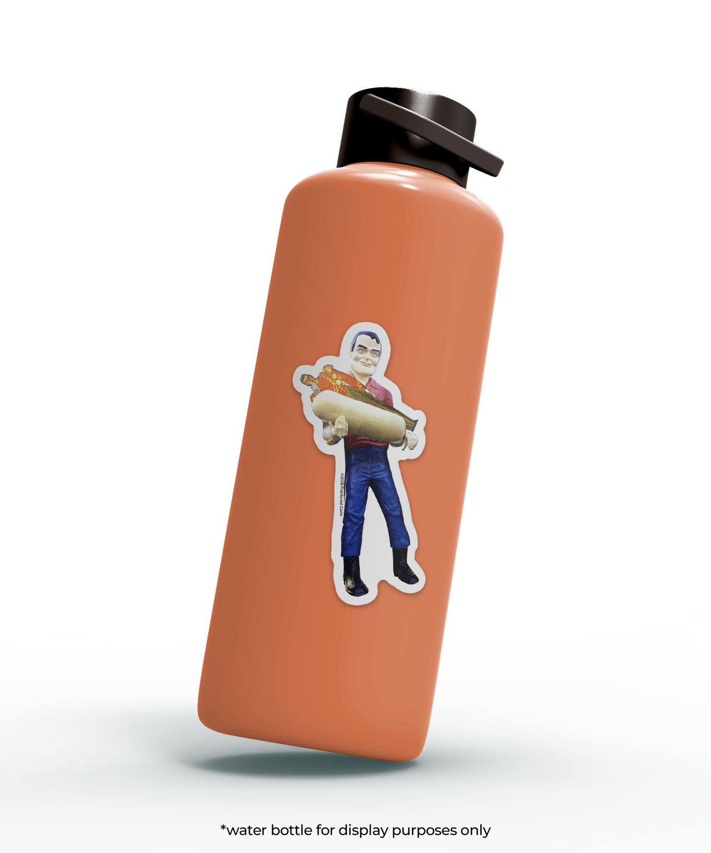Orange water bottle with a sticker of a man holding a large hot dog bun with another man inside 