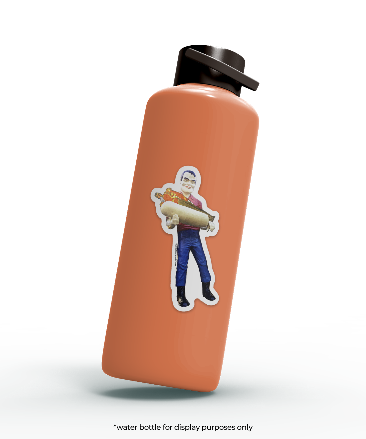 Orange water bottle with a sticker of a man holding a large hot dog bun with another man inside 