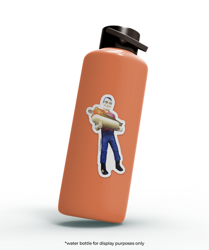 Orange water bottle with a sticker of a man holding a large hot dog bun with another man inside 