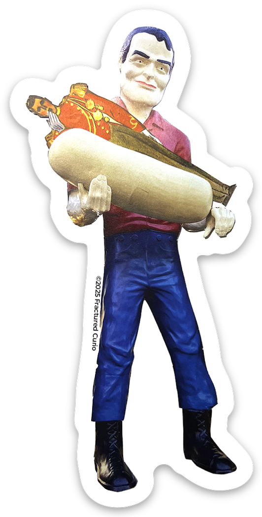 Sticker of a large man holding a hot dog bun with another man inside 