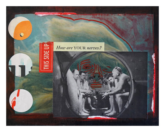 Collage with geometric shapes, a woman's face, men in a submarine and text 'How are your nerves?'