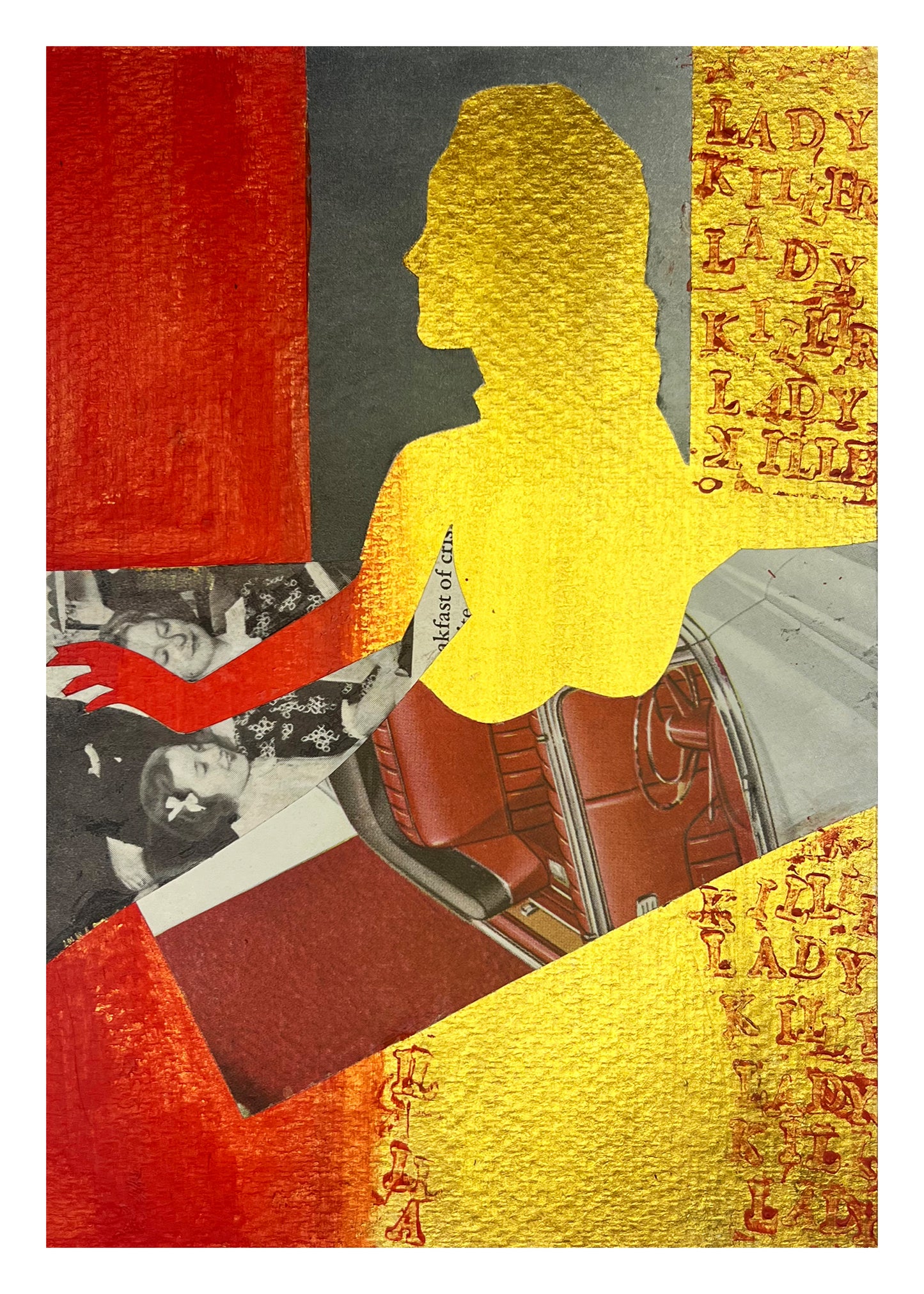 Greeting card with silhouette of awoman in gold and red with the words lady killer lady stamped on the side