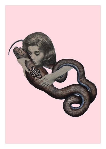 Artistic depiction of a woman holding a snake on a pink background