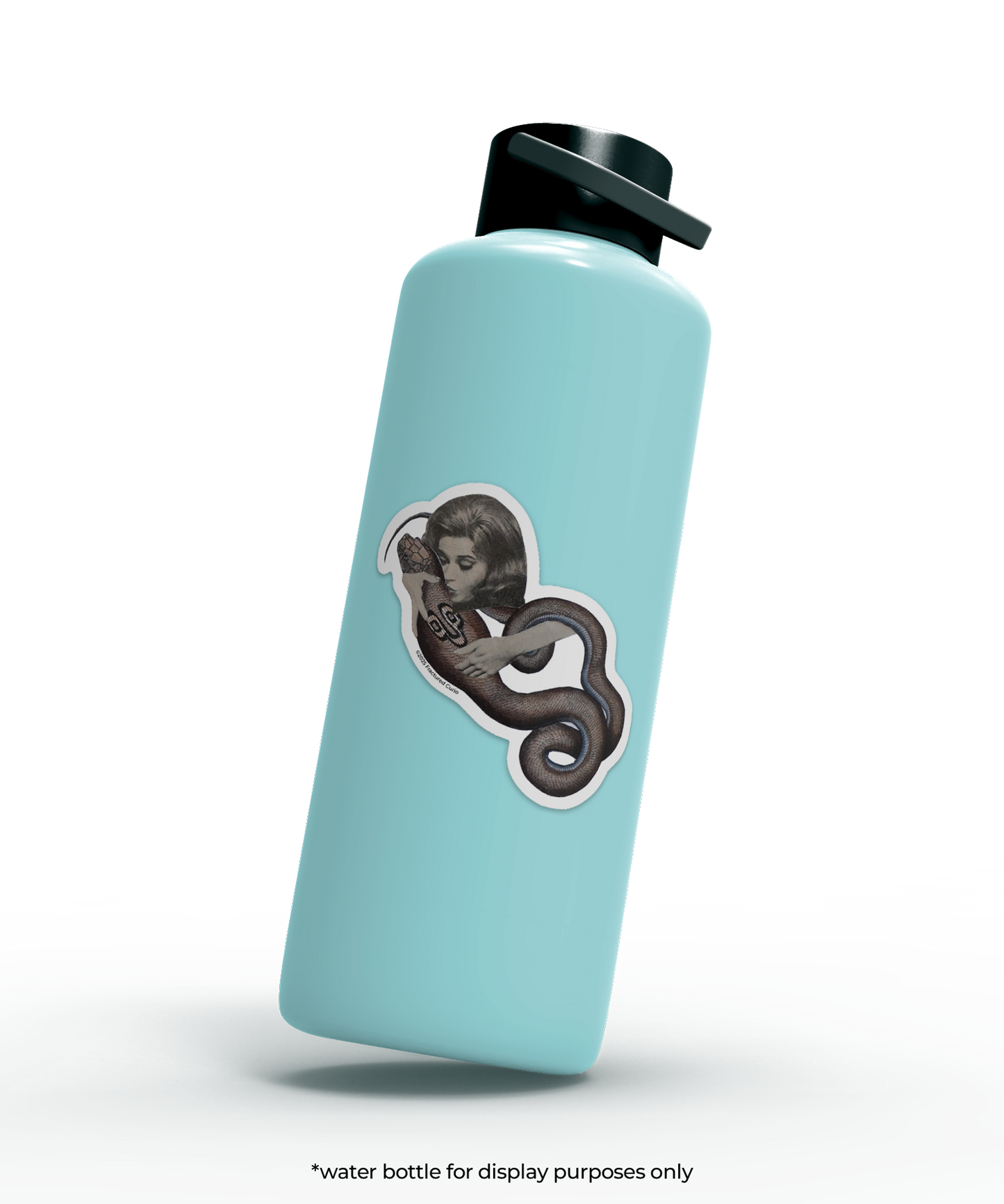 Light blue water bottle with a sticker of woman kissing and holding a snake