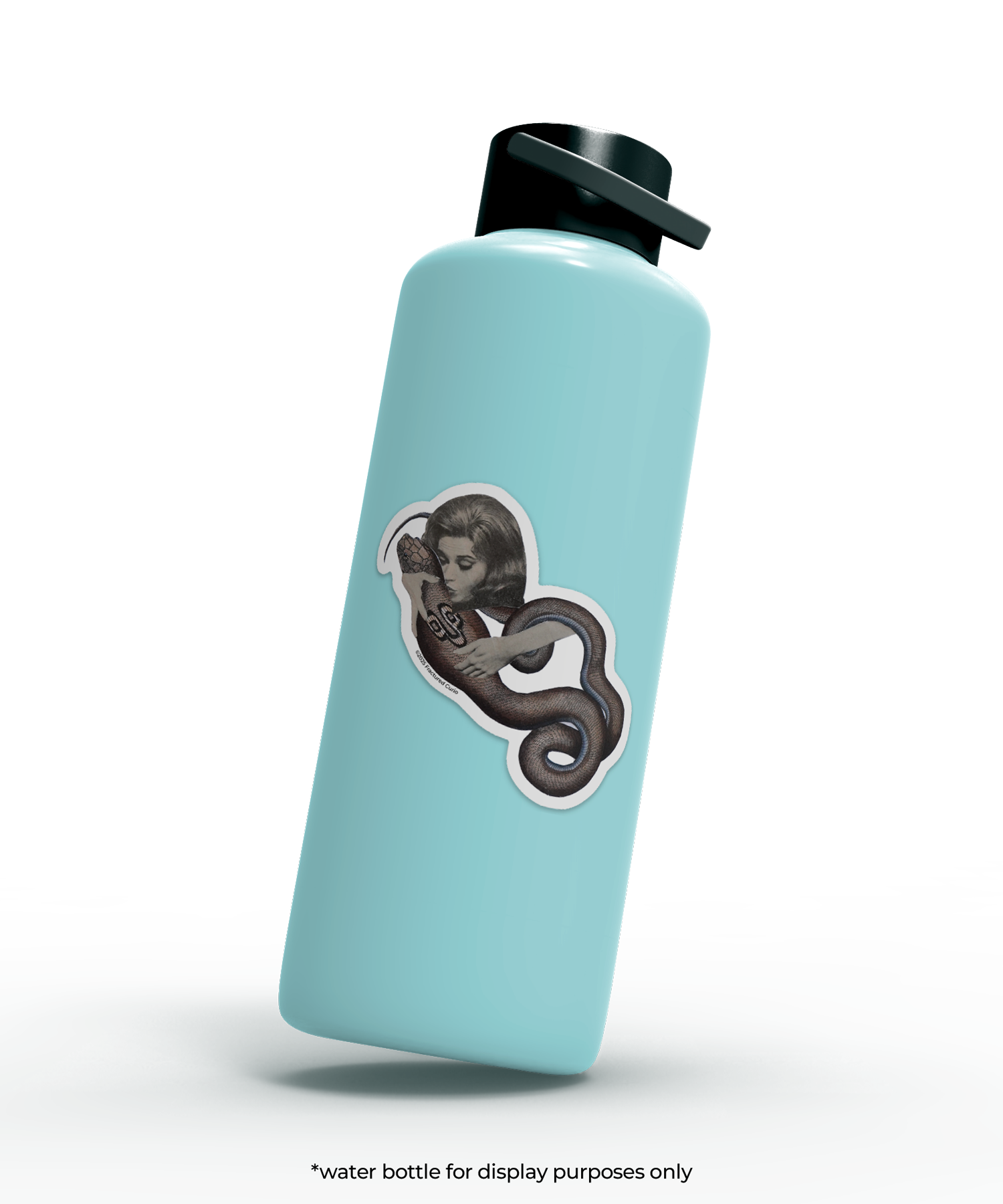 Light blue water bottle with a sticker of woman kissing and holding a snake