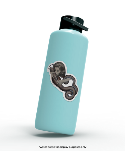 Light blue water bottle with a sticker of woman kissing and holding a snake