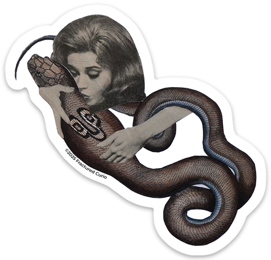 Sticker of a woman with a snake wrapped around her body on a white background