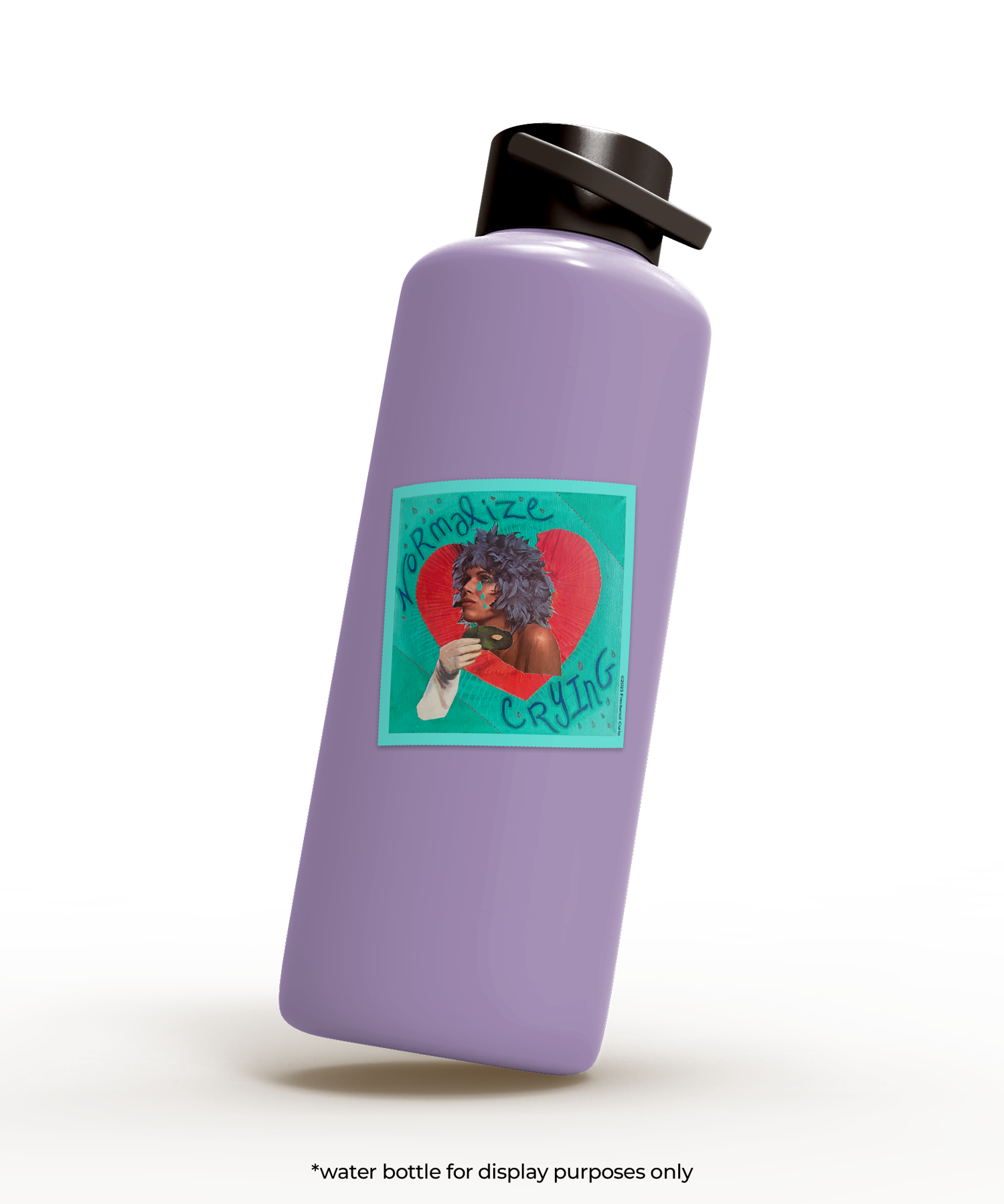 Purple water bottle with a teal, red and purple sticker on it that has a woman crying and the words 'Normalize crying'