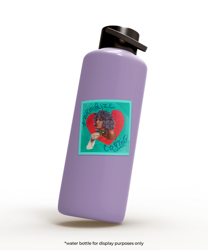 Purple water bottle with a teal, red and purple sticker on it that has a woman crying and the words 'Normalize crying'