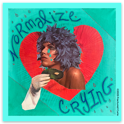 Artistic depiction of a person with a red heart and text on a teal background with the words'Normalize crying
