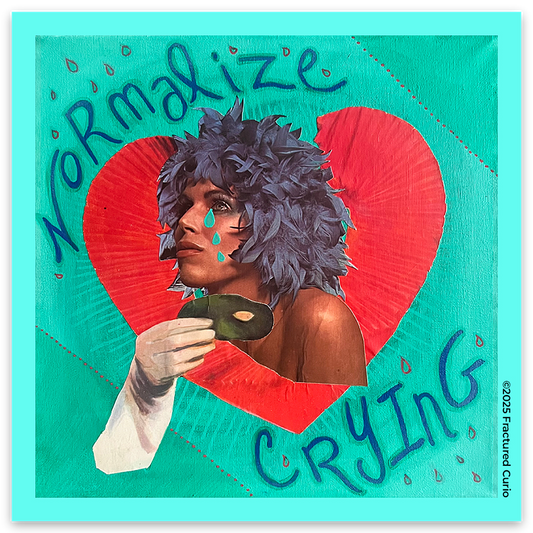 Artistic depiction of a person with a red heart and text on a teal background with the words'Normalize crying