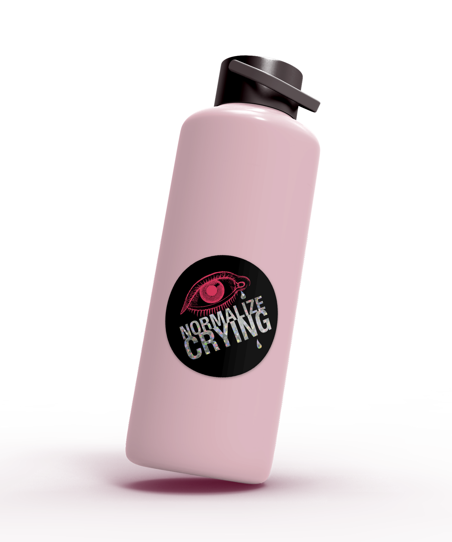 Pink water bottle with a black sticker featuring a crying eye and the text 'Normalize Crying'